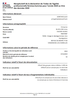 Index égalité professionnelle 2026 - Les Bois Profilés