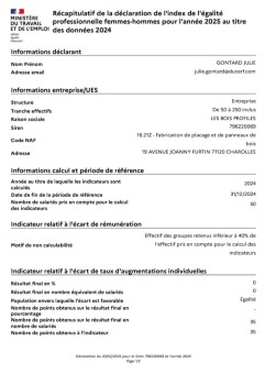 Index égalité professionnelle 2026 - Ducerf Scierie